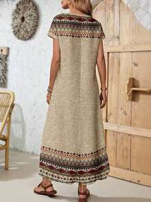 YHHEMERY ROSE Vestido largo de mujer estilo bohemio con estampado, cuello redondo, manga corta tipo murciélago, bajo acampanado, informal y multicolorYHH - Multicolor 3 - Ver 2