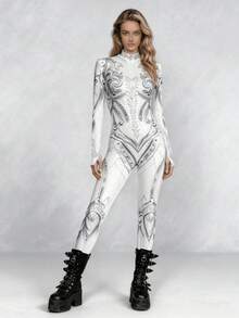 Futuristic Silver White Armor Print Tight Jumpsuit, Elastic/Cosplay/Convention/Party Stage Performance Outfit/Silver White Armor/Mechanical Pattern - White - View 2