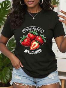Cool Strawberry Print T-Shirt, Retro Strawberry Graphic T-Shirt, Vintage Fruit Illustration T-Shirt, Gift For Berry Lovers, Retro Style Clothing, Perfect Gifts For Grandma And Mom. - 黑色 - 查看 7
