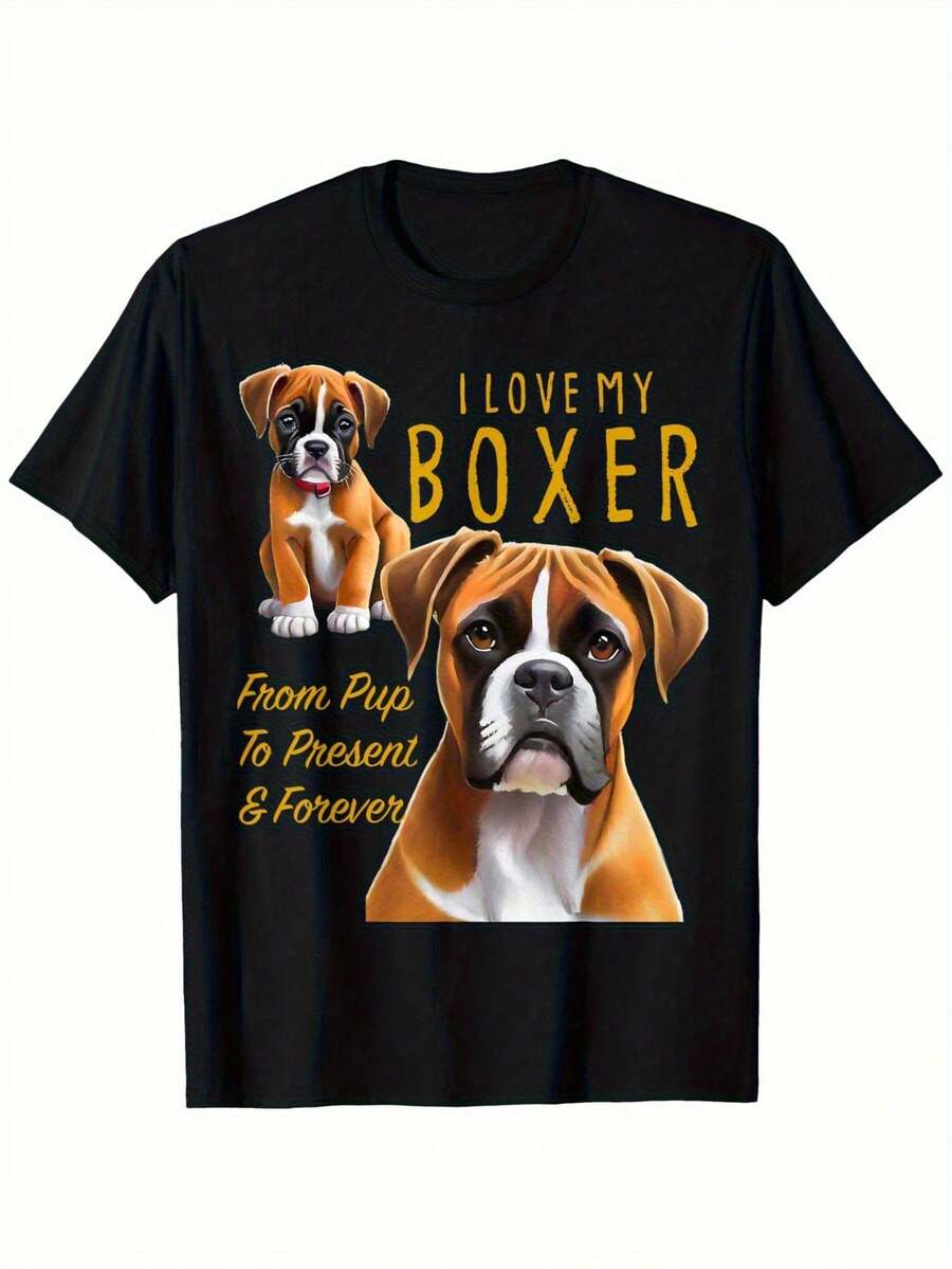 Camiseta de boxeador de peso pesado para hombres amantes de los perros - "Amo a mi boxeador y cachorro" Camiseta gráfica con diseño de cachorro y perro adulto de boxeador - Camiseta negra con letras amarillas - Tallas S-XXXL - Regalo perfecto para propietarios de boxeadores, papás de perros - Negro - Ver 1