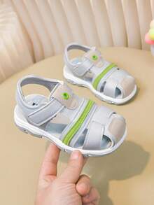 Boys' Hook And Loop Sandals, Summer New Soft Bottom Non-Slip Beach Shoes, Easy On/Off, Silver Gray Solid Color, Floral Woven Strap Decor, More Fashionable - Light Grey - View 6