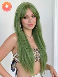 Wig Sintetis Tahan Panas Lurus Warna Hijau Alami 26 Inci Kualitas Bintang 5, Desain Belahan Tengah, Kepadatan Tinggi, Cocok untuk Pemakaian Sehari-hari, Pesta, Pernikahan, dan Festival Musik, untuk Wanita - Hijau - View 12