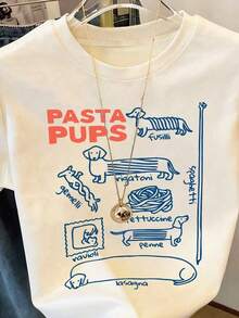 Camiseta de manga corta con cuello redondo para mujer, con estampado de perrito pasta, de alta elasticidad, estilo estándar italiano, cómoda y casual, adecuada para el verano, color blanco. - Albaricoque - Ver 4