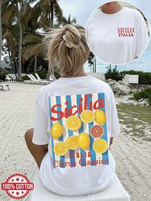 Women's Spring/Summer Clothing, Double-Sided Print, Vintage Style Lemon Stripes, Loose Short Sleeve Drop Shoulder T-Shirt, Comfortable And Casual, Women's Winter Clothing. - 白色 - 查看 1
