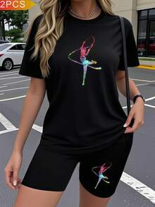 Summer Women's Fashion Sport Leisure, Machine Washable Easy Care Medium Elastic Breathable, Fashionable Print Pattern, Round Neck Short Sleeve T-Shirt Top Seamless Elastic Waist Pocket Shorts Women's 2pcs Set - T恤 - 查看 4