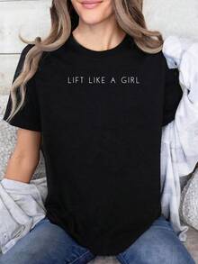 Ropa ligera y transpirable de una pieza para mujer, estilo holgado, para primavera/verano, camiseta con estampado "Lift Weights Like a Girl", cuello redondo, mangas cortas, top casual de moda, ropa elegante para fiestas, corte holgado, regalo para vacaciones, diseño divertido, ropa de uso diario, ropa para el hogar, conjuntos combinables para primavera/otoño. - Negro - Ver 1