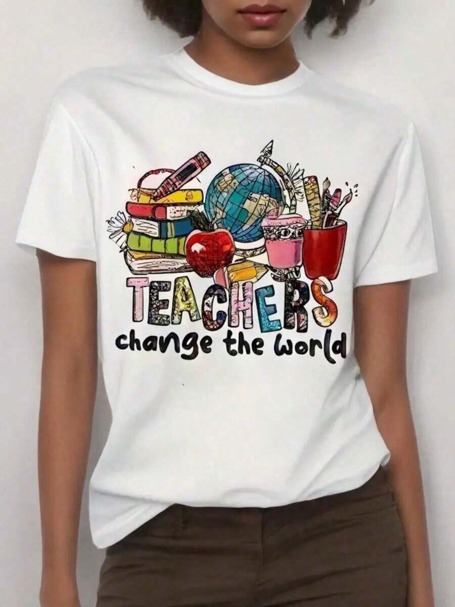 1 Women's Casual Short Sleeve T-Shirt - Teacher's Day Design Print, Crew Neck, Comfortable For All Seasons, Regular Fit, Hand Wash, Simple Design, Educational Theme Print, High-Quality Fabric, Durable, Versatile For Everyday Wear, Soft Fabric, Printed T-Shirt, Staff Clothing. Women's Blouses > Clothing - 白色 - 查看 1