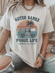 1 Women's Pure Cotton T-Shirt, Vintage Style Palm Tree Print - " Pogue Life Paradise", Casual Short Sleeve Crew Neck Top, Breathable, Summer Essential, Suitable For Beach Parties And Daily Wear, 180g 100% Cotton. - 白色 - 查看 6