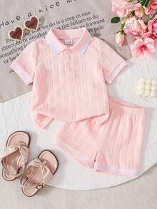 Summer New Baby Girls' Outfit Set, Soft Pink & White Polo Shirt + Casual Shorts 2pcs Set, Adorable And Refreshing Summer Princess Style! - Pink - View 1