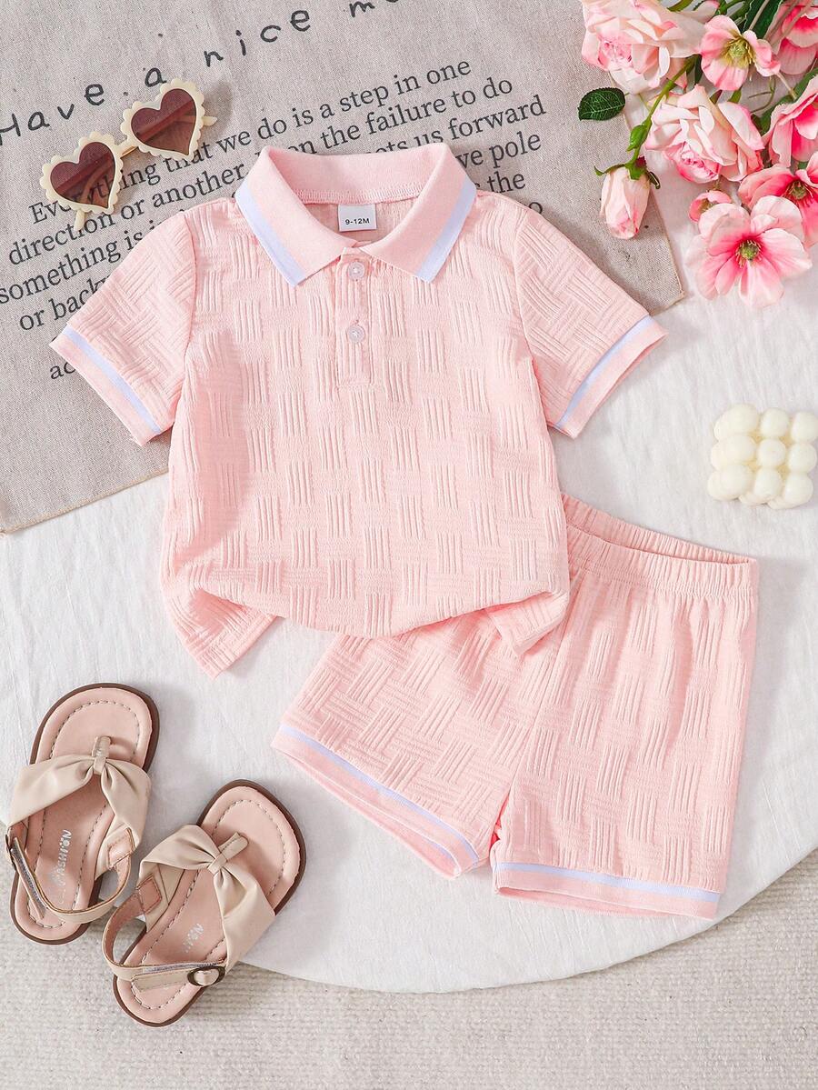 Summer New Baby Girls' Outfit Set, Soft Pink & White Polo Shirt + Casual Shorts 2pcs Set, Adorable And Refreshing Summer Princess Style! - Pink - View 1
