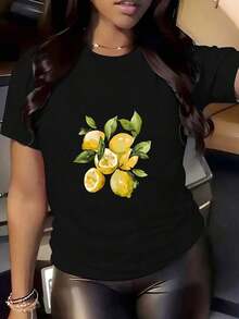 Women's Round Neck T-Shirt With Lemon Print, Casual Summer Wear For Everyday Use And Vacations, 220g, Suitable As A Gift. Women's T-Shirt. Blouses>Elegant. Boho Chic, Soft, Breathable And Comfortable Women's Top, Ideal For Spring, Summer And Autumn, Perfect For Vacations, Travel And Everyday Wear. - 黑色 - 查看 5