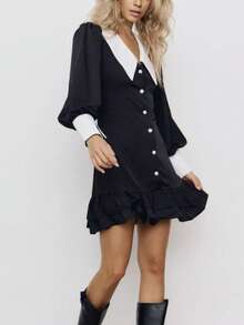 Two-Tone Dress With Lapel Collar And Buttons, Sweet Elegant Style Spring 2026 - Black - View 2