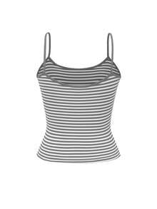 Vaiaye Damen Mode Unterwäsche Stil Top, Sommer gestreifter Muster Rundhals Slim Fit Lässig Urlaub Sexy Camisole, geeignet für Herbst Schulanfang, Strand und tägliches Tragen - Hellgrau - Übersicht 4