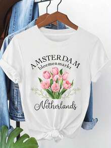 Women's T-Shirt With Tulip Print From The Amsterdam Flower Market, Netherlands, Short Sleeve, Round Neck, Casual Spring And Summer Wear, Perfect For Daily Outings And Holiday Gifts - 白色 - 查看 1