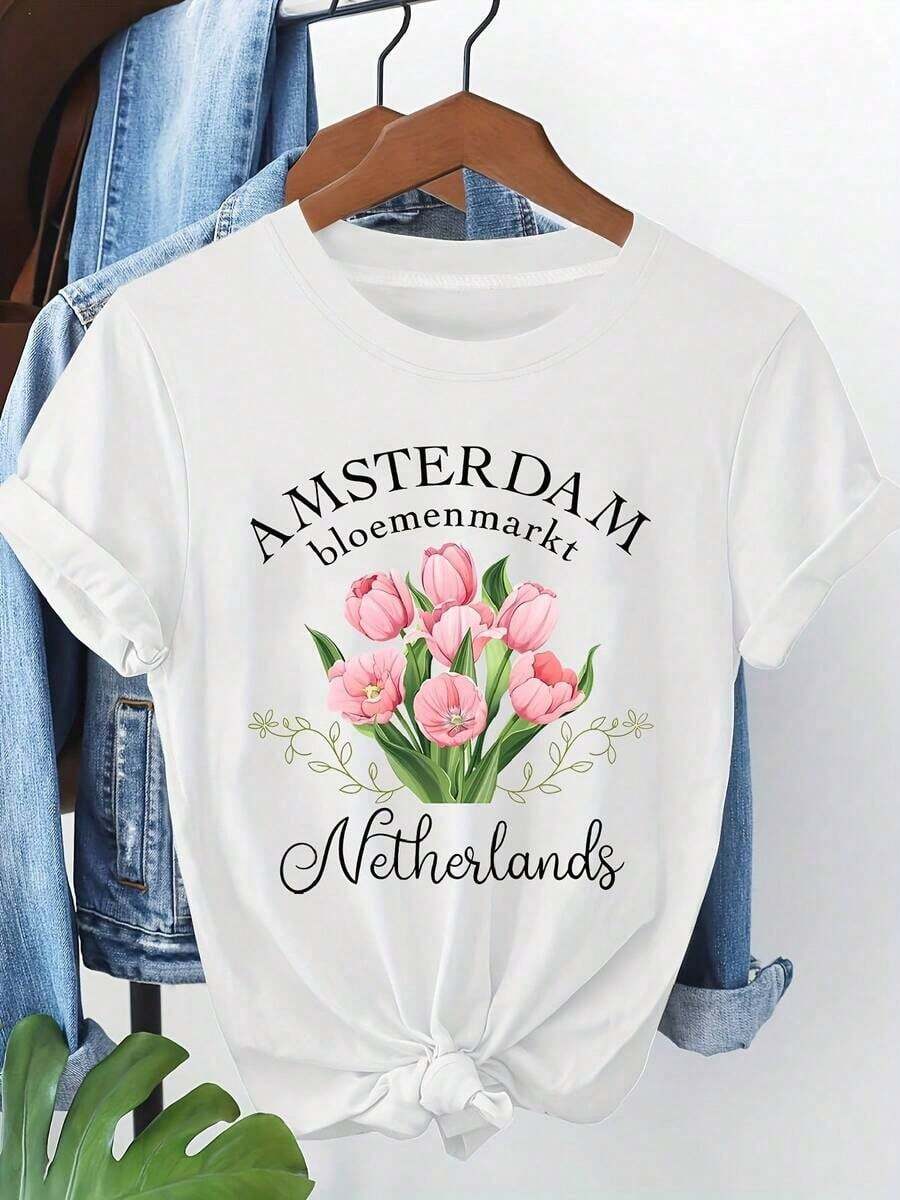 Women's T-Shirt With Tulip Print From The Amsterdam Flower Market, Netherlands, Short Sleeve, Round Neck, Casual Spring And Summer Wear, Perfect For Daily Outings And Holiday Gifts - 白色 - 查看 1