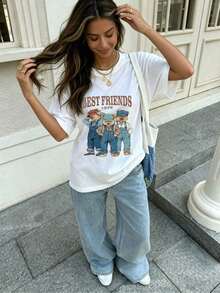Women's Casual Loose Fit T-Shirt With "Best Friends 1979 Bear" Print, Breathable And Comfortable, Short Sleeve, Crew Neck, Retro 3 Bear Print, Soft Fabric, Perfect For Everyday Wear And Urban Style Y2K - 白色 - 查看 5