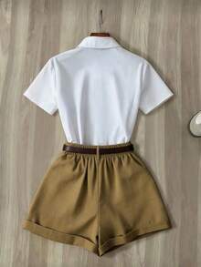 Conjunto de camisa de manga corta con cuello y pantalones cortos de pierna ancha de moda casual para mujer, adecuado para ir al trabajo, vacaciones y viajes en primavera/verano - Negro - Ver 2