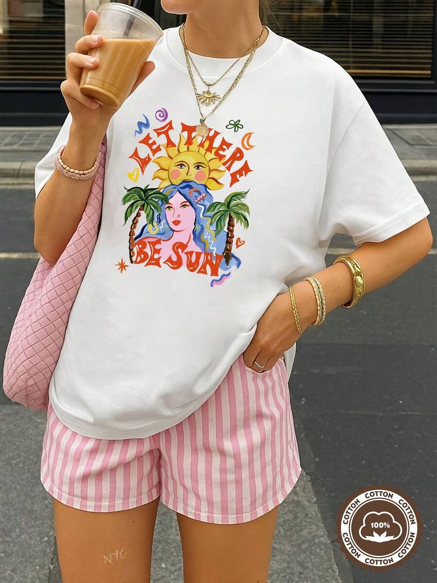 Women's Summer Clothes, 1 Piece, "Let The Sun Shine" - Summer Sun Print T-Shirt, Palm Trees And Women, Round Neck, Short Sleeve, Casual Top, Stylish Party Wear, Loose Fit, Holiday Gift, Fun Design, Everyday Wear, Loungewear. Printed, Simple, Versatile, Loose Fit, Fitted Round Neck Top. - 白色 - 查看 1