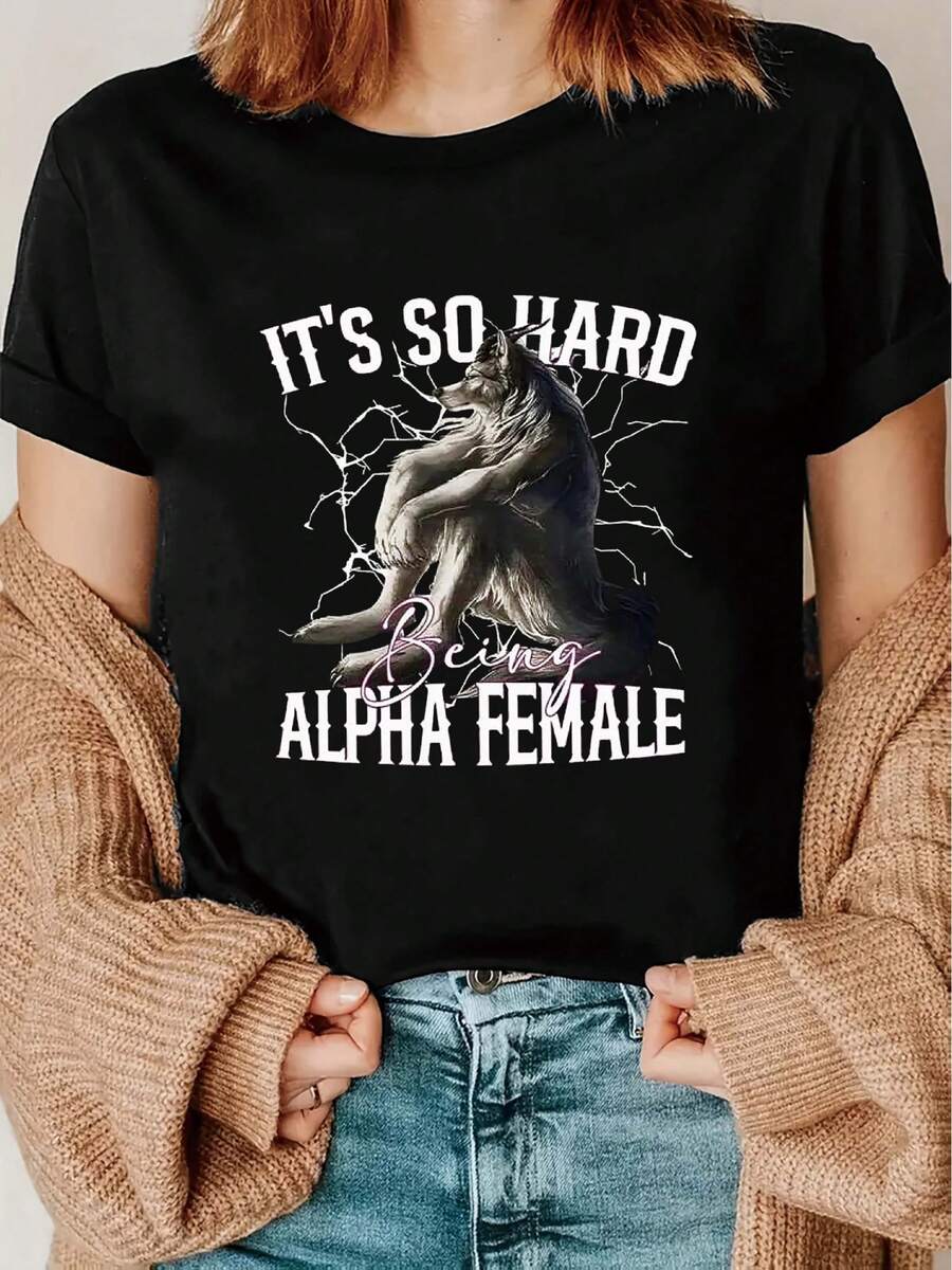 Women's Vintage Wolf Graphic T-Shirt - Slim Fit, "It's Hard To Be Queen" Slogan, Inspirational Female Leadership T-Shirt, Machine Washable Casual Top - 黑色 - 查看 1