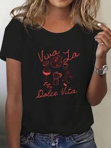 Premium Quality Women's Short-Sleeved Cotton T-Shirt With A Print, Casual Fit, And A Slim Fit. This Shirt Features A Beautiful Italian-Style Print, Is Soft And Comfortable, And Is A Versatile Garment Suitable For Everyday Wear. . - 黑色 - 查看 7