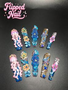 10-Piece 5.5cm Pure Handmade Coffin-Shaped Wearable Nails, Featuring Rhinestone, Jellyfish, Spotted, And Flower Decorations. A Press-On Nail Set Suitable For Women And Girls, Ideal For Valentine's Day, Parties, Holidays, And Daily Wear. Nail Accessories, Acrylic Nail Sets, Hand-Pressed Manicures, Fake Nail Stickers, And Manicure Supplies. - Multicolor - View 1