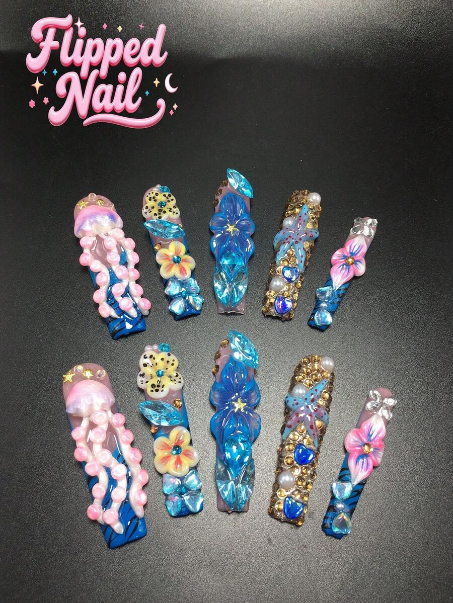 10-Piece 5.5cm Pure Handmade Coffin-Shaped Wearable Nails, Featuring Rhinestone, Jellyfish, Spotted, And Flower Decorations. A Press-On Nail Set Suitable For Women And Girls, Ideal For Valentine's Day, Parties, Holidays, And Daily Wear. Nail Accessories, Acrylic Nail Sets, Hand-Pressed Manicures, Fake Nail Stickers, And Manicure Supplies. - Multicolor - View 1