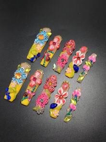 10件組 5.5cm 手工棺材形美甲片，鑲嵌水鑽、瓢蟲、波點與花朵設計，完整美甲套組，適合女性與女孩，適用情人節、派對、假日與日常配戴，美甲配件、壓克力美甲套組、手工壓式美甲、假指甲貼紙、美甲用品，手工穿戴式假指甲 - 彩色 - 查看 4
