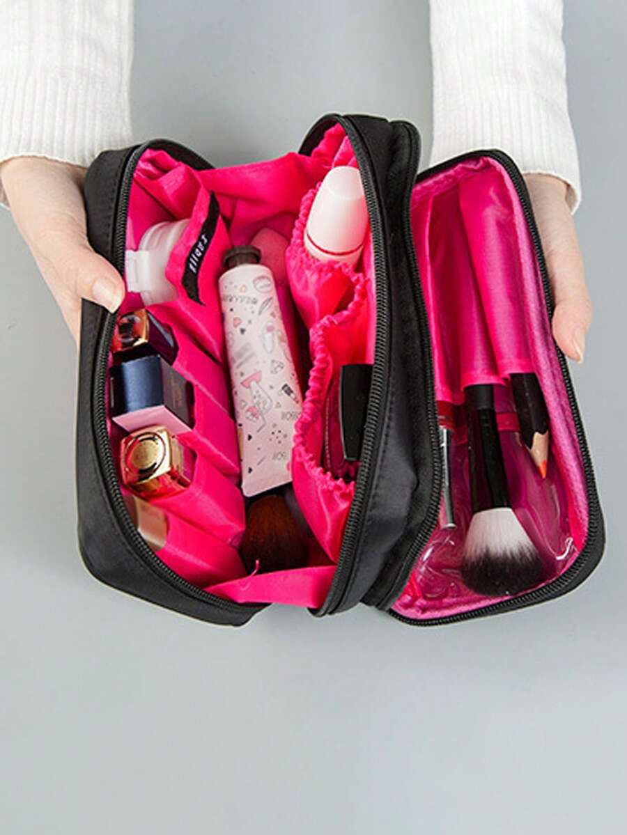 Black Nylon Dual Zipper Cosmetic Bag, Portable Travel Organizer, High-Quality Dual-Sided Toiletry Pouch - View 1