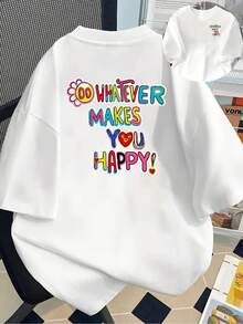 New 180g Short-Sleeved T-Shirt, 1% Cotton, With Front And Back Prints - Happy And Free Style - Fashionable Printed T-Shirt For Women, Short-Sleeved, Suitable For All Seasons, Modern Clothing - Can Be Worn As A Base Layer In Spring And Autumn Or Alone In Summer, Unisex. - 白色 - 查看 1