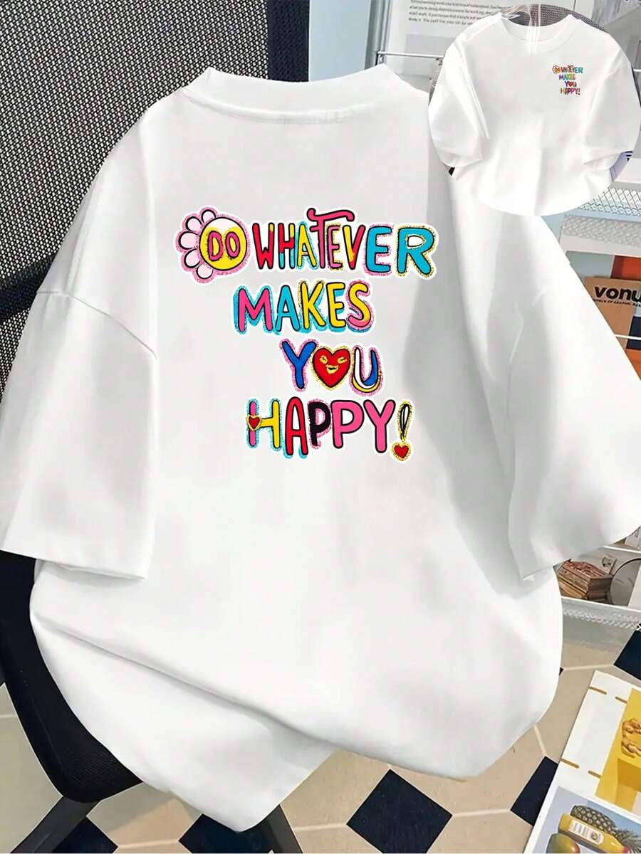 New 180g Short-Sleeved T-Shirt, 1% Cotton, With Front And Back Prints - Happy And Free Style - Fashionable Printed T-Shirt For Women, Short-Sleeved, Suitable For All Seasons, Modern Clothing - Can Be Worn As A Base Layer In Spring And Autumn Or Alone In Summer, Unisex. - 白色 - 查看 1