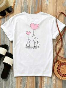 Nueva camiseta de manga corta de 180 g,% algodón, con estampados frontales y traseros - Globos de Amor, Pareja de Elefantes - Camiseta estampada de moda para mujer, de manga corta, adecuada para todas las estaciones, ropa moderna - se puede usar como capa base en primavera y otoño o sola en verano, unisex. - Blanco - Ver 2