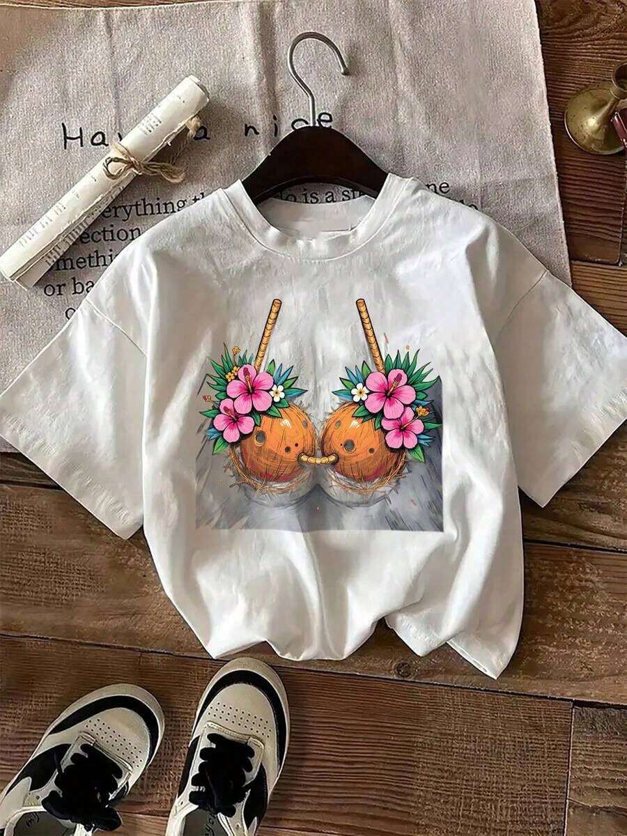 % Women's Tropical And Hibiscus Flower Print Bra Top - Fun And Novelty Hawaiian Bikini Design, Soft And Breathable Short Sleeve Crew Neck T-Shirt, Casual Summer Activewear For Women, Gym Clothes For Women Pure-Cotton - 白色 - 查看 1