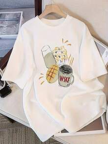 SimpieAndVersatileDesign Women's Korean Style Summer T-Shirt - White Short-Sleeved Loose-Fit Blouse With WSKF Logo And Sake/Rice Wine Print, Breathable Round Neck, Urban Casual Style, Inspired By Korean Dramas, Cotton T-Shirt. - 白色 - 查看 7