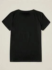 Women's Plus Size T-Shirt With Alphabet Letter Print - Polyester Knit Fabric, Short Sleeve, Round Neck, Pullover Style, For All Seasons, Without Belt, Without Details, Black Style, Casual Daily Christmas. - 黑色 - 查看 2