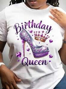 Mexican Women's T-Shirt With Sparkling Rhinestones For Birthday, Decorated With High Heels And Crown Pattern - Breathable Short Sleeve Round Neck Top, Suitable For Parties, Graduations And Special Occasions - Casual Summer Clothes And Birthday Outfit, Lightweight And Comfortable. - 白色 - 查看 4