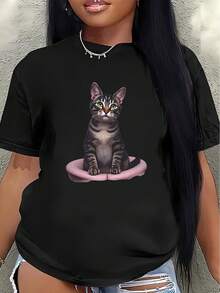 Camiseta de manga corta con estampado de gato, ligera y duradera, con diseño de cuello redondo, tela suave y cómoda de elasticidad media, diseño en blanco y negro, adecuada para el hogar, la cocina o el uso casual diario, estilo maduro, apta para todas las estaciones. - Negro - Ver 6