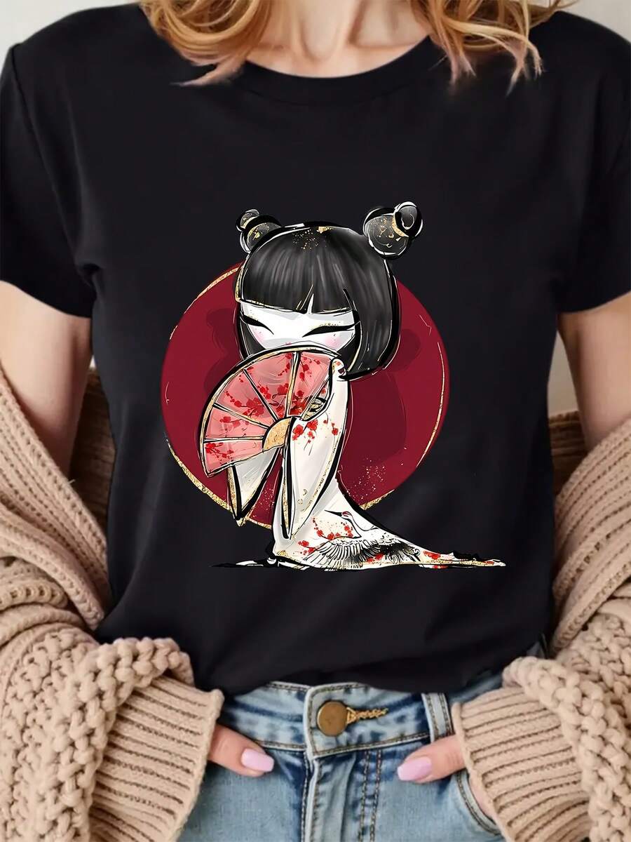 Women's Short-Sleeved, Round-Neck Sports T-Shirt, Unique And Modern Style, With A Cute Japanese-Style Print Of Someone Holding A Folding Fan, Casual Short-Sleeved Top - 黑色 - 查看 1