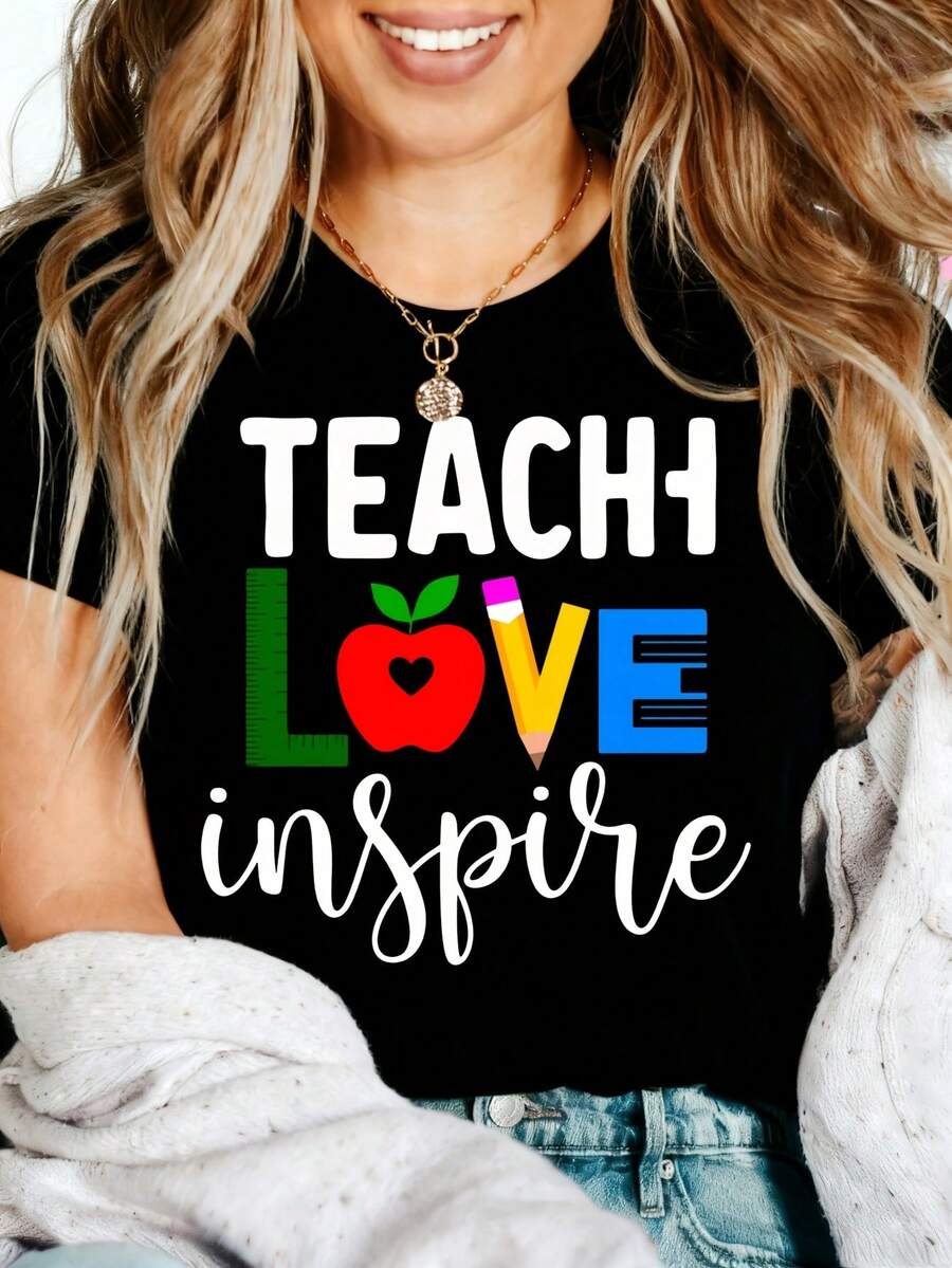 Teacher Appreciation Graphic T-Shirt Thank You Teacher Best Teacher Educator Gift Heartfelt 100% Cotton Oversized Soft Breathable Casual Crewneck Short Sleeve Top Teachers Educators School Staff Gift Givers - 黑色 - 查看 1
