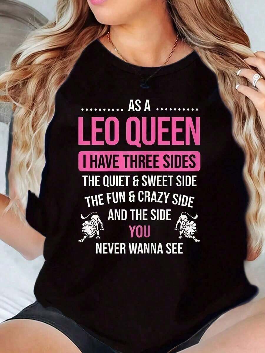 100% Cotton Leo Graphic T-Shirt Summer Tops Casual Tops Plus Size Comfortable Soft Clothing Women's Simple Solid Color T-Shirt, Loose And Slim Fit Casual Short Sleeve - 黑色 - 查看 1