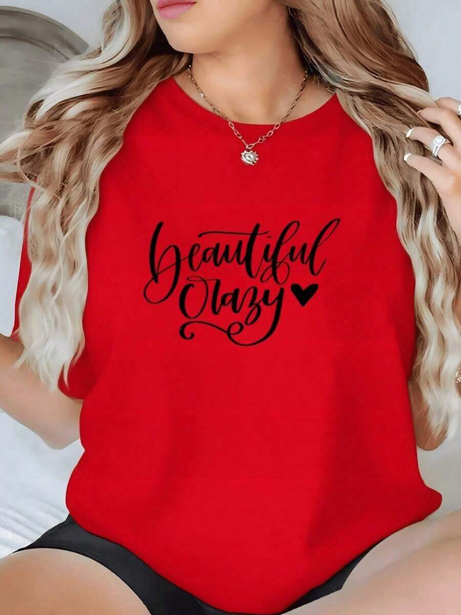 100% Cotton. The Print Expresses Self-Love And A Cheerful Attitude With The Phrase "Beautiful Crazy" Accompanied By A Heart That Symbolizes Freedom And Inner Confidence. Soft, White, 100% Cotton, Comfortable And Modern Women's T-Shirt. Women's Simple Solid Color T-Shirt, Loose And Slim Fit Casual Short Sleeve - 紅色的 - 查看 1