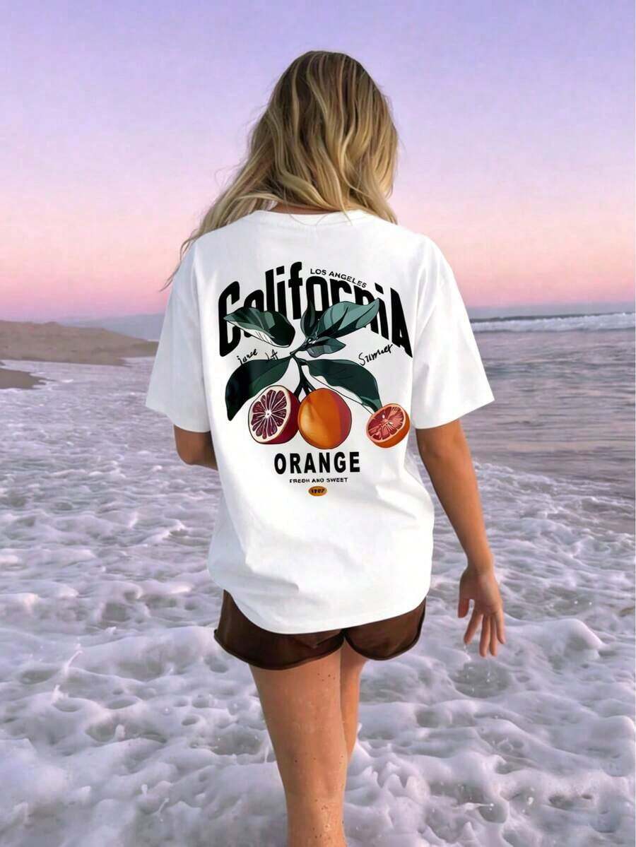 California Orange Graphic Tee | Retro Fruit Print Summer Tee | LA Style Casual Top | Collegiate Aesthetic | Women's Beach & Street Fashion, Fresh Citrus Print, Vintage Summer Essential Y2K White - 白色 - 查看 1