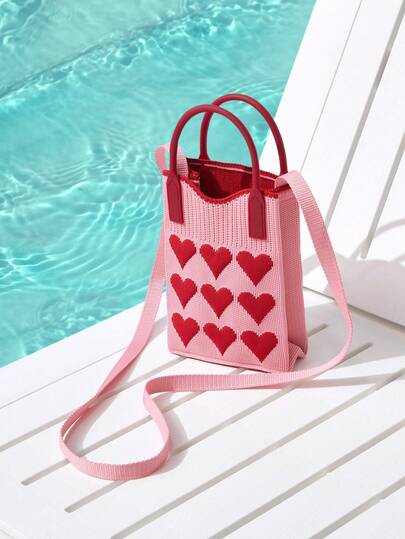 Trivaya Crochet Woven Tote Bag, Crossbody Bag, Shoulder Bag With Heart Pattern. This Women's Tote Bag, Crossbody Bag, And Shoulder Bag Can Be Used To Store Phone, Keys, Coins, And Other Personal Items During Shopping, Travel, And Vacation.