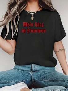 Women's Casual Black T-Shirt With 3D Print Of The Letter "M" In Red, Short Sleeve And Round Neck For Spring And Summer, Ladies' T-Shirts, Women's Blouses > Clothing - 黑色 - 查看 7
