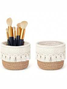 Tassel Desktop Storage Basket, Makeup Brush Storage Box, Round Woven Storage Basket, Suitable For Storing Makeup Brushes, Hair Clips And Hair Accessories, Suitable For Storing Earphones And Data Cables, Miscellaneous Storage Box, Remote Control Storage Basket, Suitable For Living Room, Bedroom And Garden, Suitable As A Gift For Friends, Wedding Souvenir, Birthday Gift - Multicolor - View 2