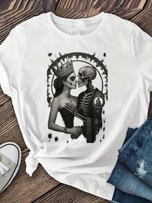 Women's T-Shirt With Vintage Skull Print - Gothic Crown And Starry Sky Design, Round Neck, Short Sleeve, Elastic And Soft, Suitable For Casual Wear In Spring, Summer And Autumn, Comfortable Medium Elasticity Fabric, Modern And Fashionable. - 白色 - 查看 1