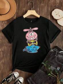 PremiumFashionWo's T-Shirt - Casual Loose Fit, Black And White Options, Cartoon Character Print, Graphic Tees For Everyday Wear, Summer Tops, Graphic Tees, Crop Tops, Vintage Cotton Tees, Cute Clothing, High-End Solid Color Loose Fit Tees, Gift Idea - 黑色 - 查看 3