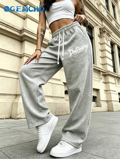 GEMCHO Women's Light Gray Drawstring Loose Casual Jogger Pants, Made Of Slightly Stretchy Knit Fabric, Suitable For Daily Casual Wear, Running, Jogging And Fitness