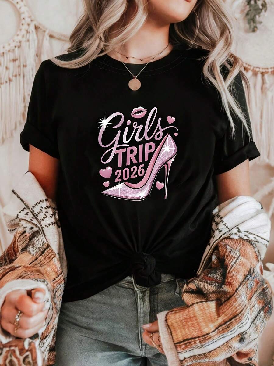 Women's T-Shirt With Trip 2026 Letter Print, Short Sleeve And Round Neck, Casual Top For Summer And Spring, Women's Clothing, Casual Printed T-Shirt, Short Sleeve And Round Neck, Local Urban Fashion For Spring/Summer. - 黑色 - 查看 1