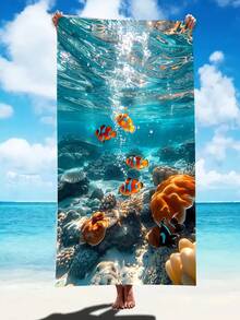 250gsm Super Absorbent Quick Dry Microfiber Beach Towel With Underwater Yellow Fish Pattern, Suitable For Beach, Pool, Swimming, Yoga Mat, Sunscreen Shawl, Summer Travel, Camping - Multicolor - View 5