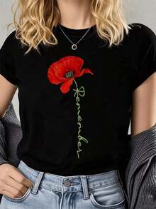 Short-Sleeve Soft Graphic T-Shirts "Remember" Women's Commemorative Red Poppy Pattern Print T-Shirt, Short Sleeve, Crew Neck, Casual Spring And Summer Wear, Perfect For Everyday Wear And Holiday Gifts 100% Cotton - 黑色 - 查看 6